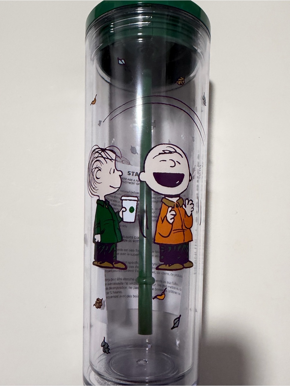 NWT Starbucks Peanuts Venti Tumbler with Green Lid and Fall Peanuts Artwork
